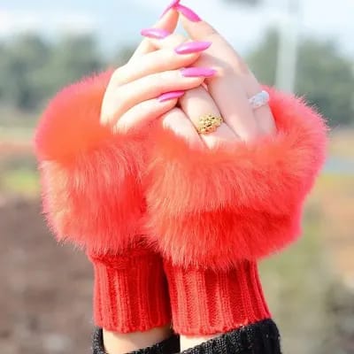 Fashion Women Faux Rabbit Fur Hand Wrist Warmer Winter Fingerless Knitted Gloves