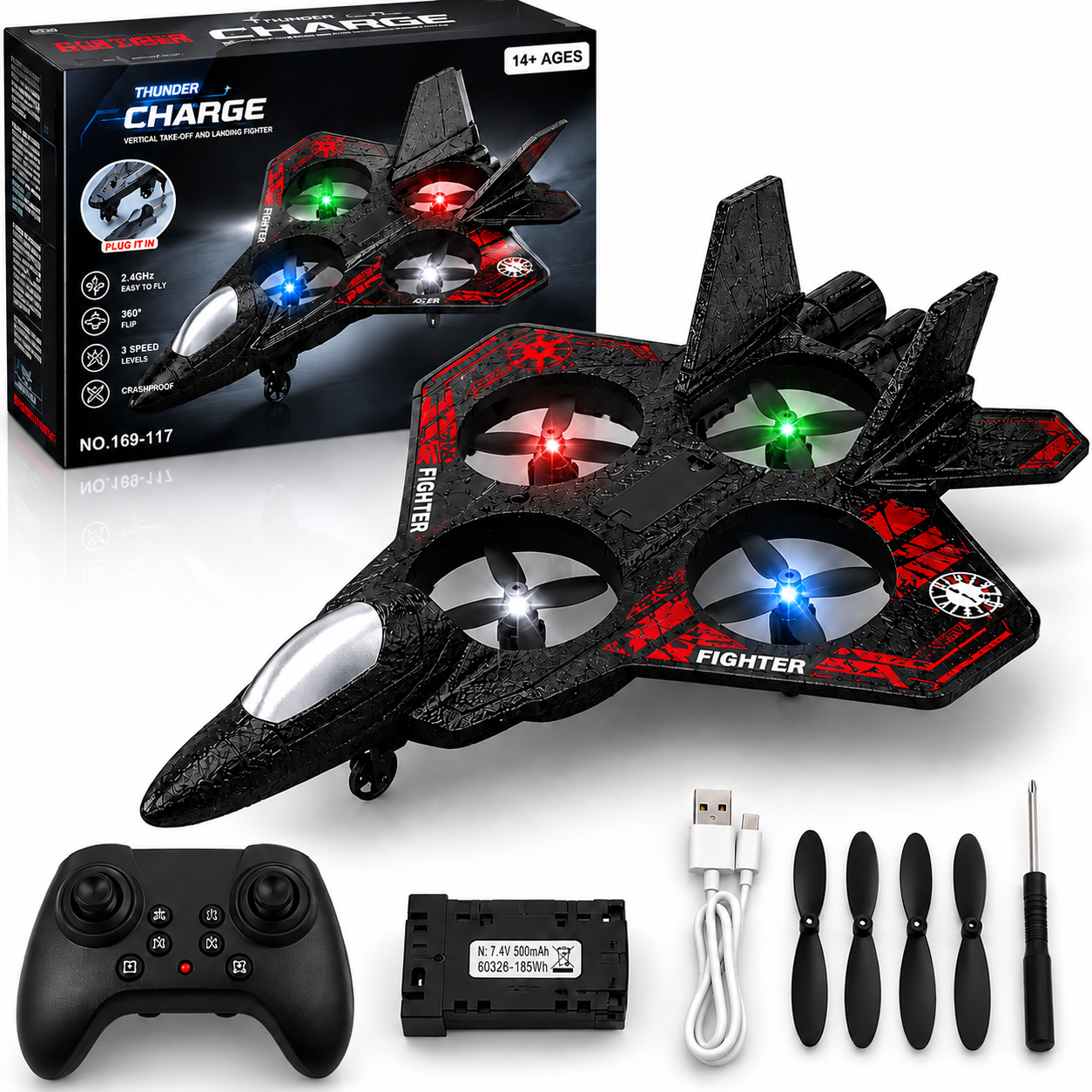 Remote Control Fighter plane RC Flying Jet 2.4GHz | Thunder Charge VTOL Fighter Aircraft | Vertical Take-Off & Landing | RC plane 360° Flips| LED Lights | Rechargeable | 50M Range | 4 Motors | 3 Speed Levels