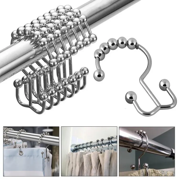 1 12pcs Stainless Steel Household Bathroom Supplies Multifunctional Double Sided Hooks Rust Resistant With Rollerball Rolling Glide Rod Ring Heavy Duty Hook Shower Curtain