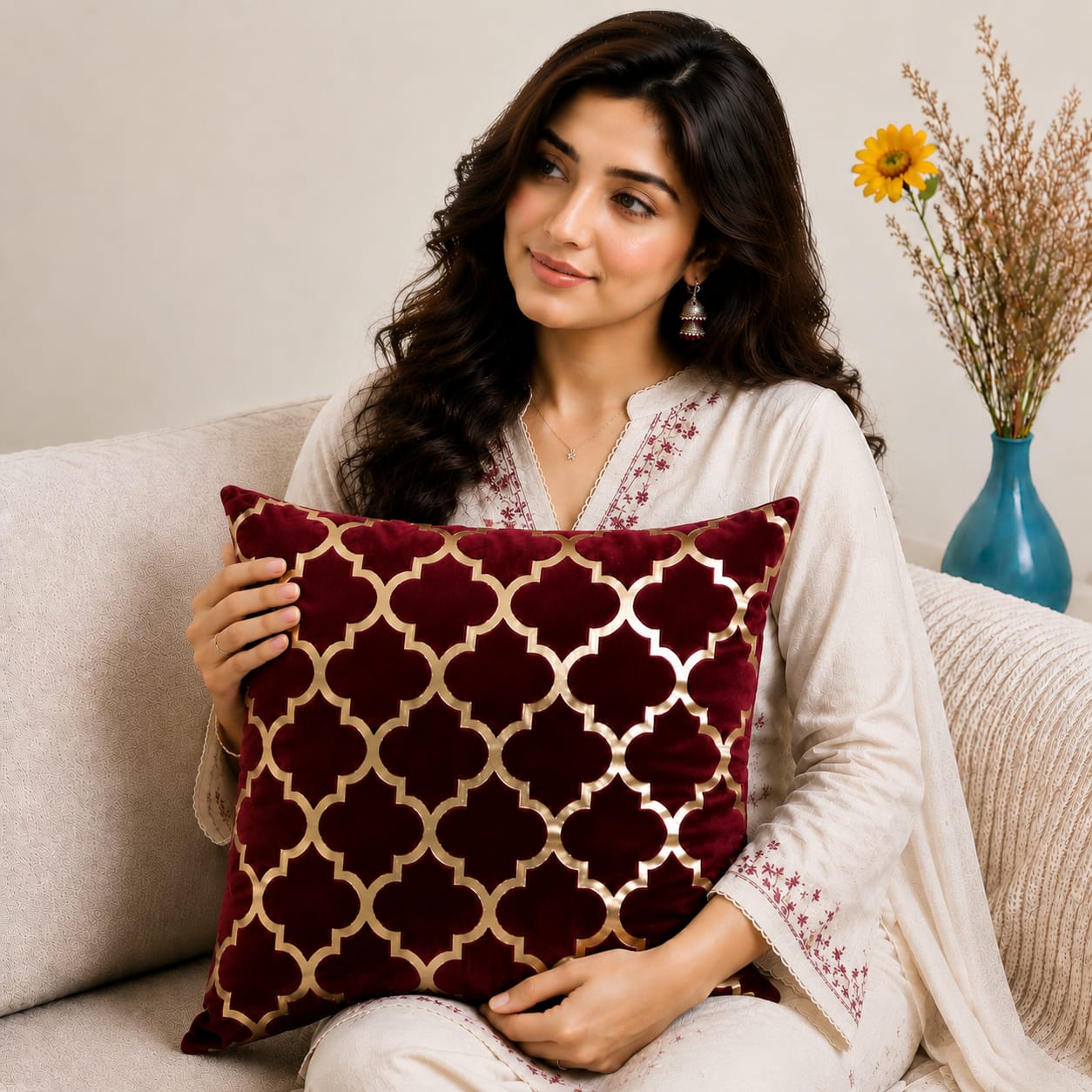 Elegant Geometric Pattern Velvet Cushion Cover 16x16 Inch Home Decor