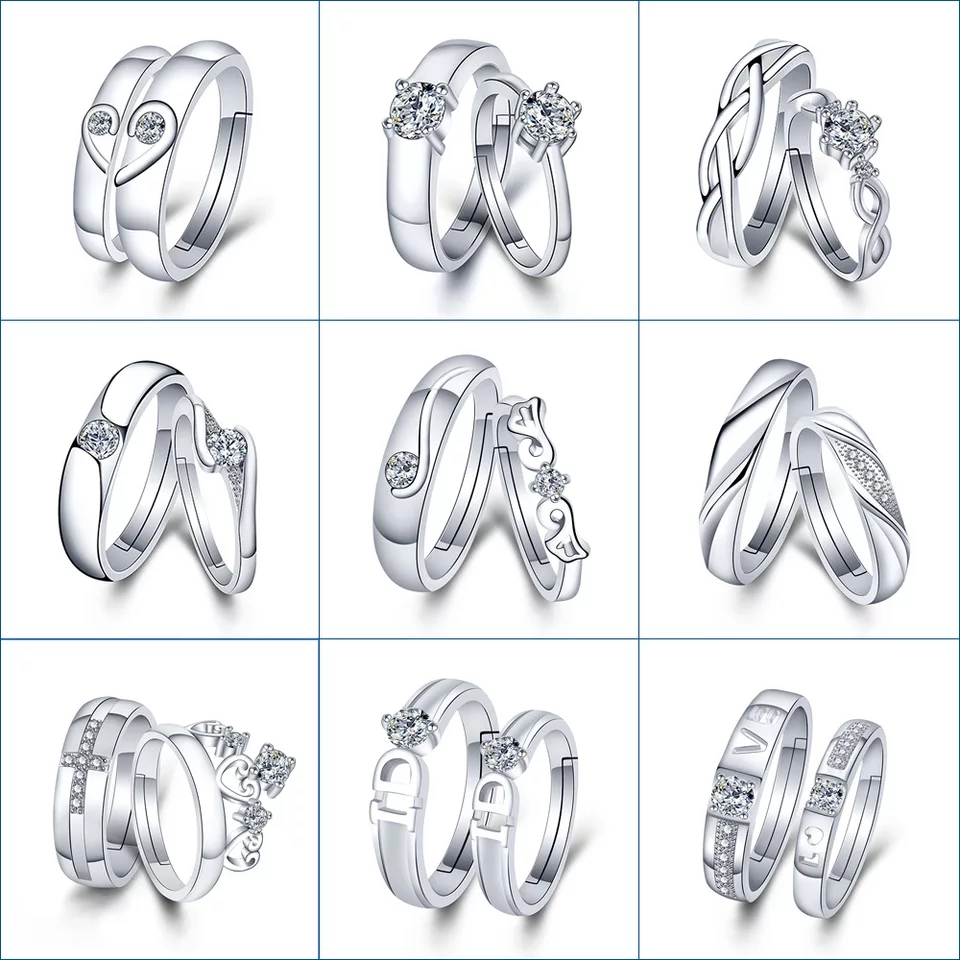 1 Set Couple Sell Adjustable Lovers Zircon Engagement Rings for Women Fashion Silver Color Wedding Rings