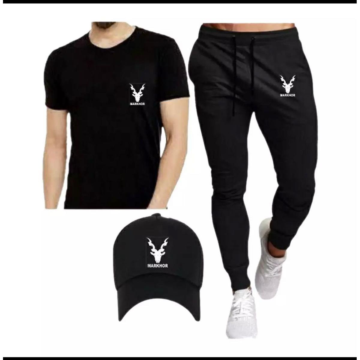 Black Markhor Printed Cotton Tracksuit Trouser & Tshirt For Men