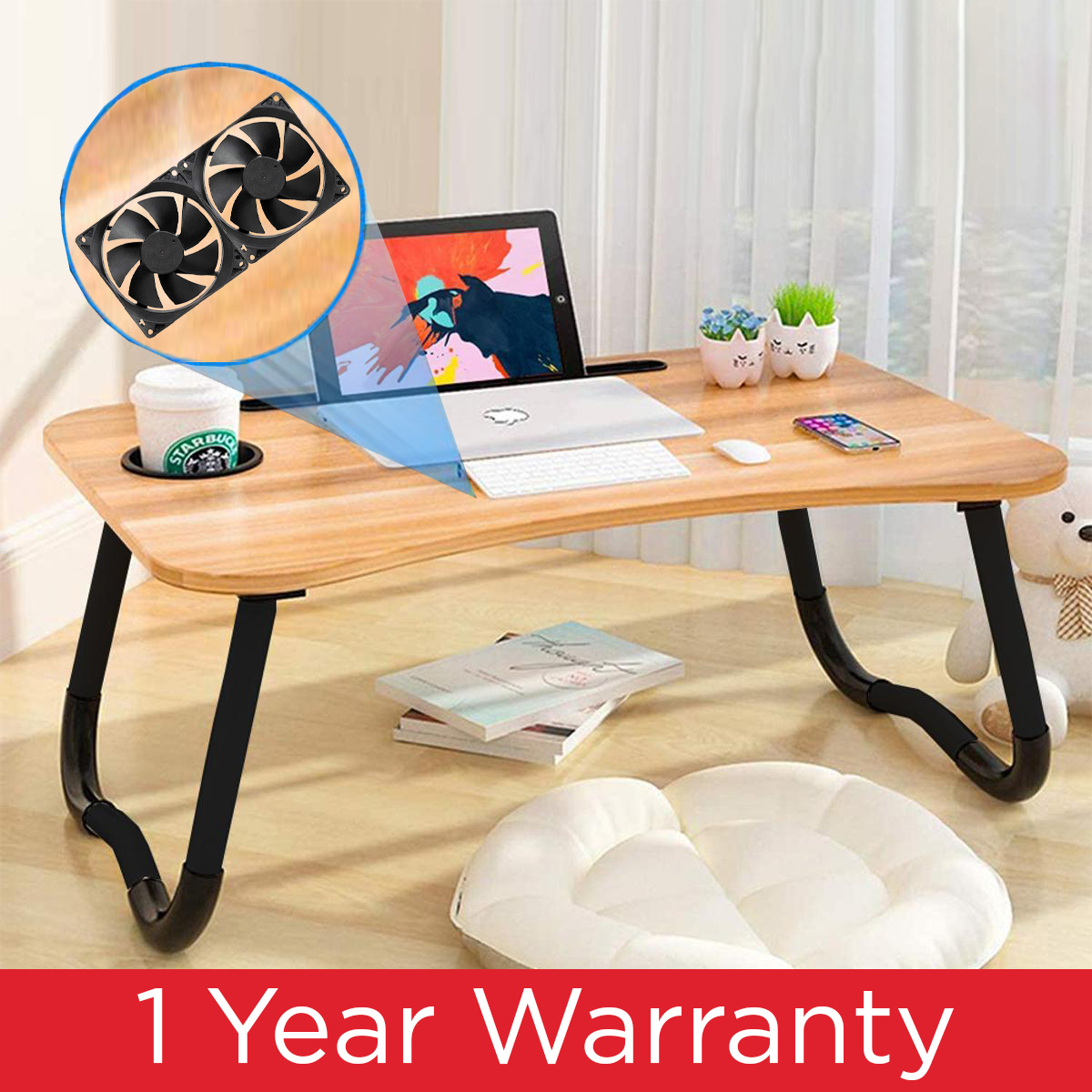 Gaming Laptop Table Stand With Cooling Fan Dual High Speed Foldable Dormitory Ergonomic Portable For Drawing Notebook Reading Food Breakfast Serving With Inbuild Tablet And Cup Holder Slots For Bed Couch Sofa Floor - Black Wooden Dark Brown Pink