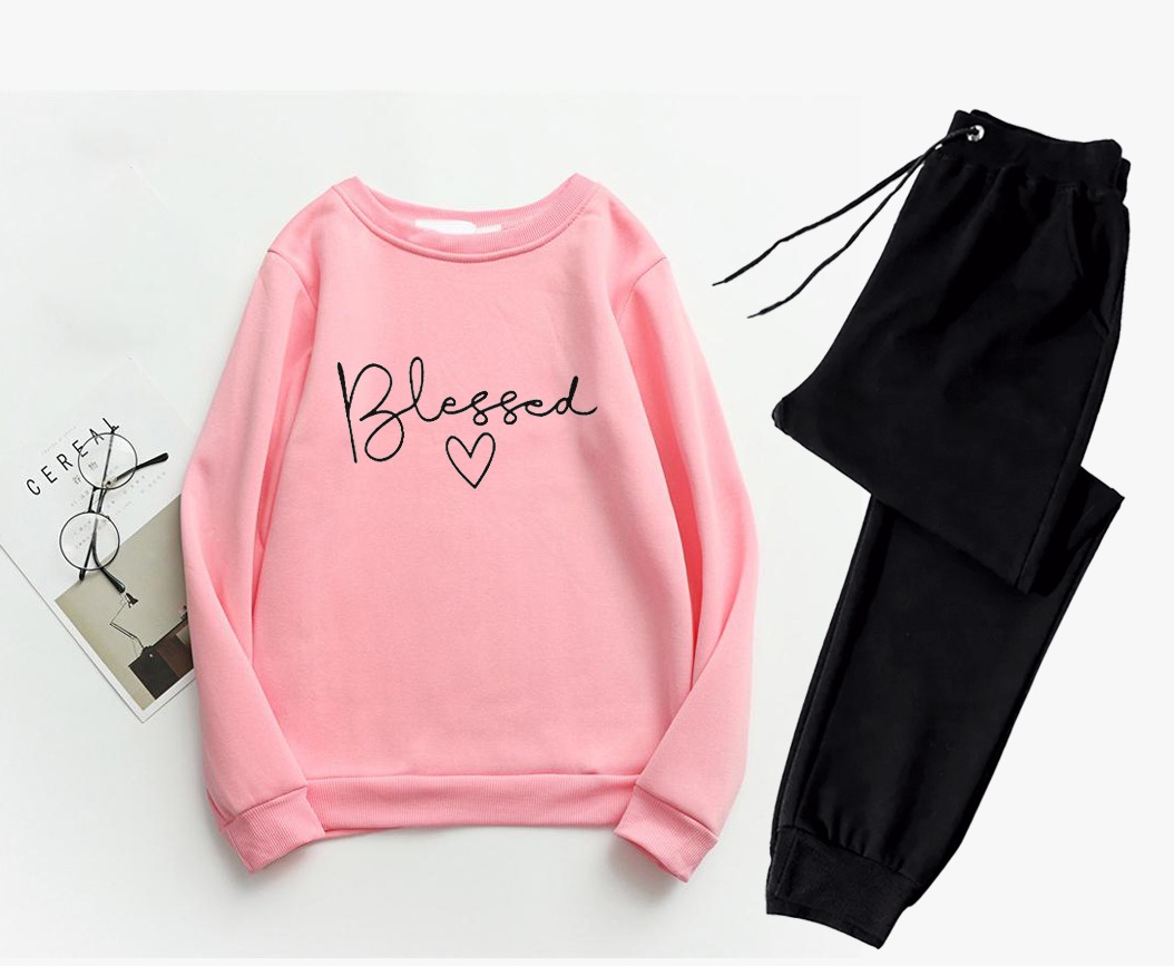 Chic "Blessed" Graphic Print Long Sleeve Top & Full-Length Pants Tracksuit Set for Women