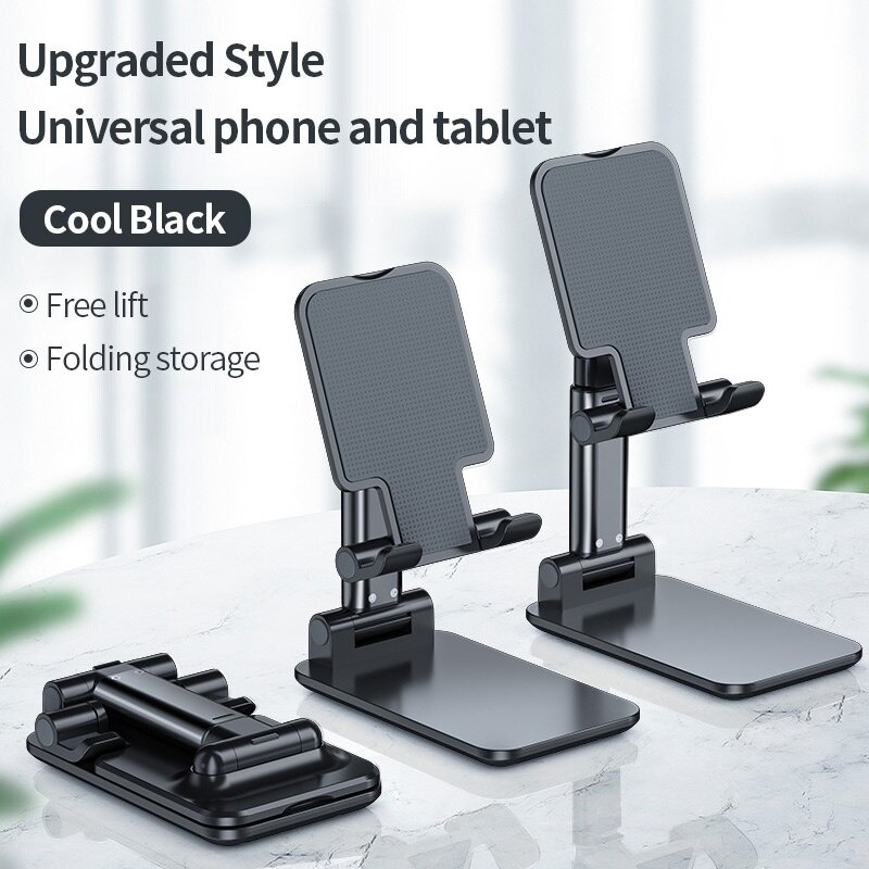 Universal Foldable Desk top Mobile Phone Stand Bracket Holder, Mobile Phone Stand Mount Adjustable Flexible Desktop Smart Phone Tablet Holder Pocket Size Product Easy to Carry for Study and Office Use Compatible with all size Mobiles (Black - White Color)