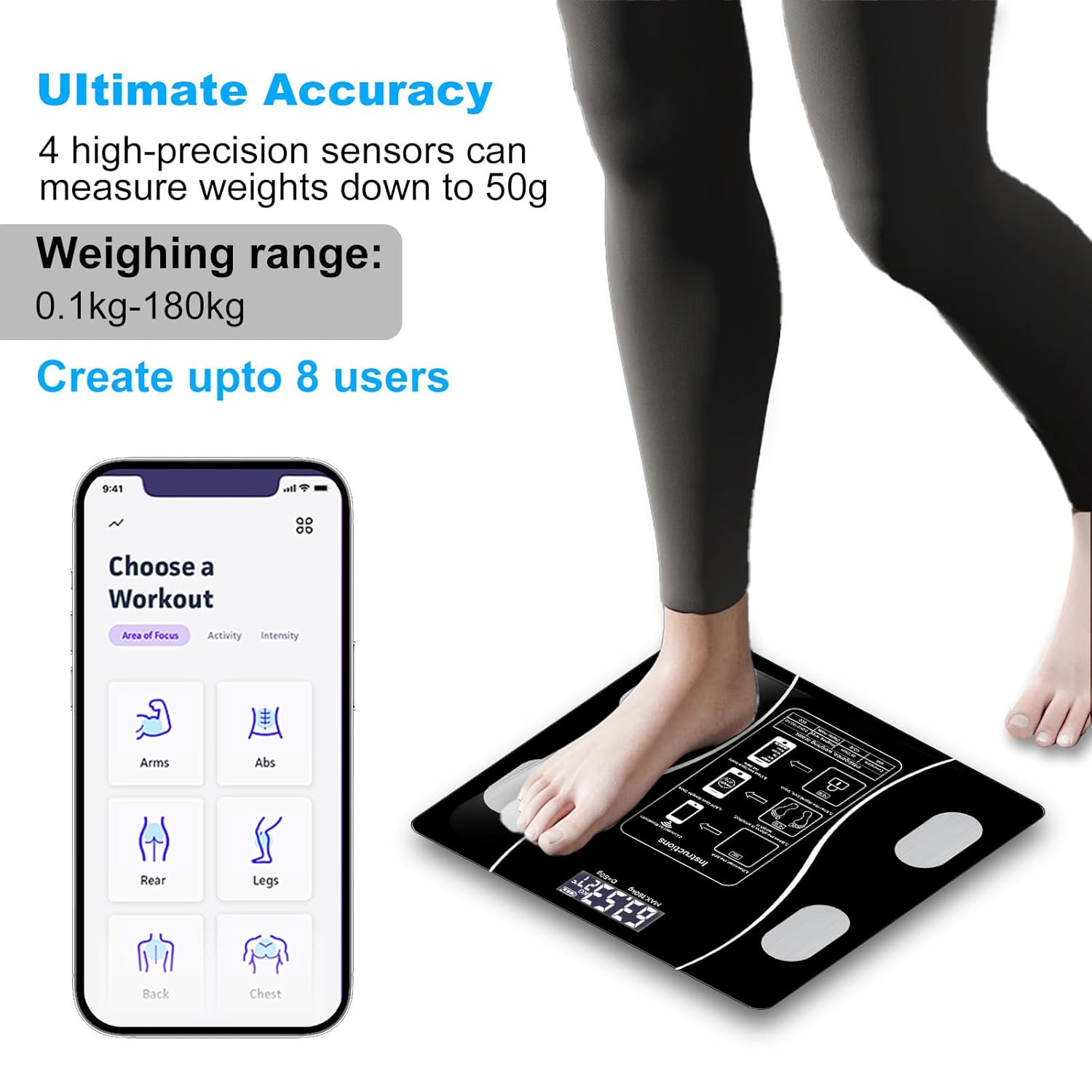 Upto 180kg Bluetooth Weight Machine With App - Smart Digital Body Weight Scale With Bluetooth Weighing Scale App & LED Digital Display - Accurate Body Fat & BMI Measurement Through App - Weighing Machine & Weighing Scale For Household Use