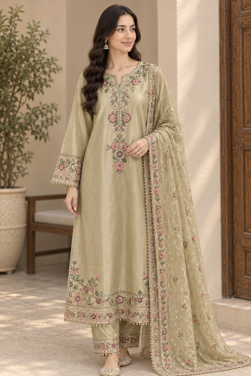 Greenish Golden Embroidered 3 Piece Silk Suit stiched