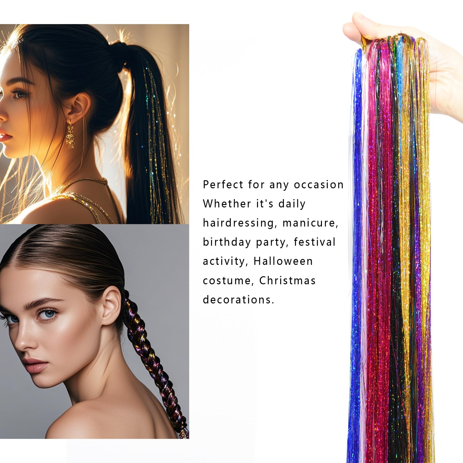 Glitter Hair Tinsel Extensions | Shiny Sparkle Hair Strands | Party, Festival & Fashion Hair Accessories | Multiple Colors