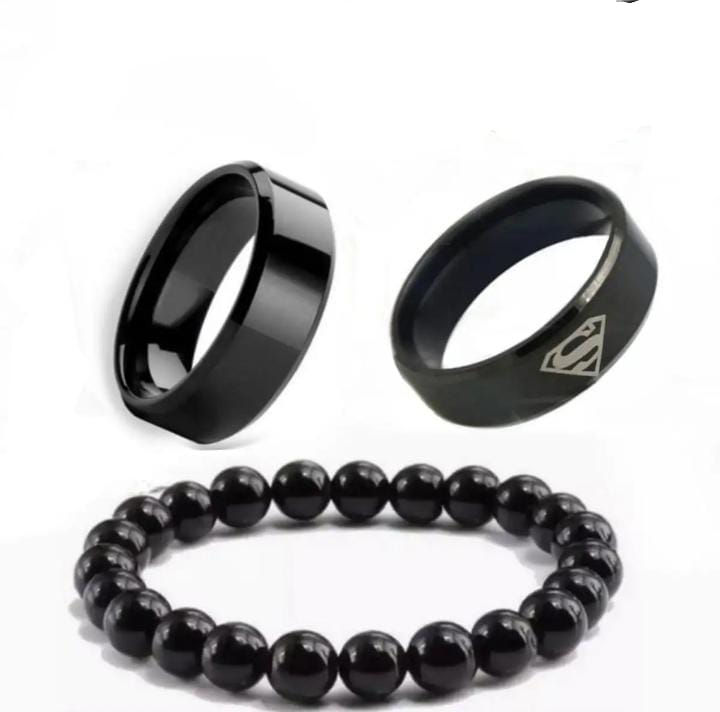 Boy Rings Size 7 Pack Of 3 Black 100% Titanium Rings & Black Superman Ring With Black ...