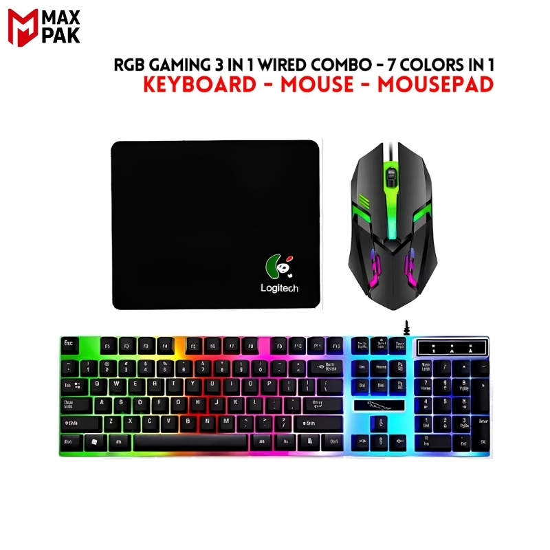 RGB Gaming Keyboard & Mouse Combo - 7 Colour Wired RGB Mouse and Keyboard Set - USB Wired Pack For PC & Laptop - Black & White