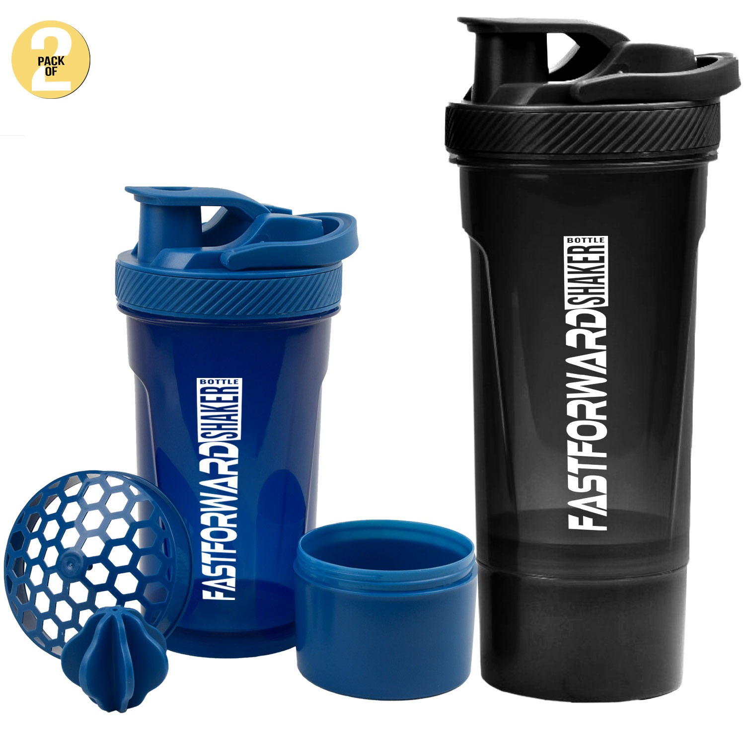 Fast Forward Shaker Bottle - 24 Ounce Protein Shaker Plastic Bottle for Pre & Post workout with Twist and Lock Protein Box Storage Pack of 2