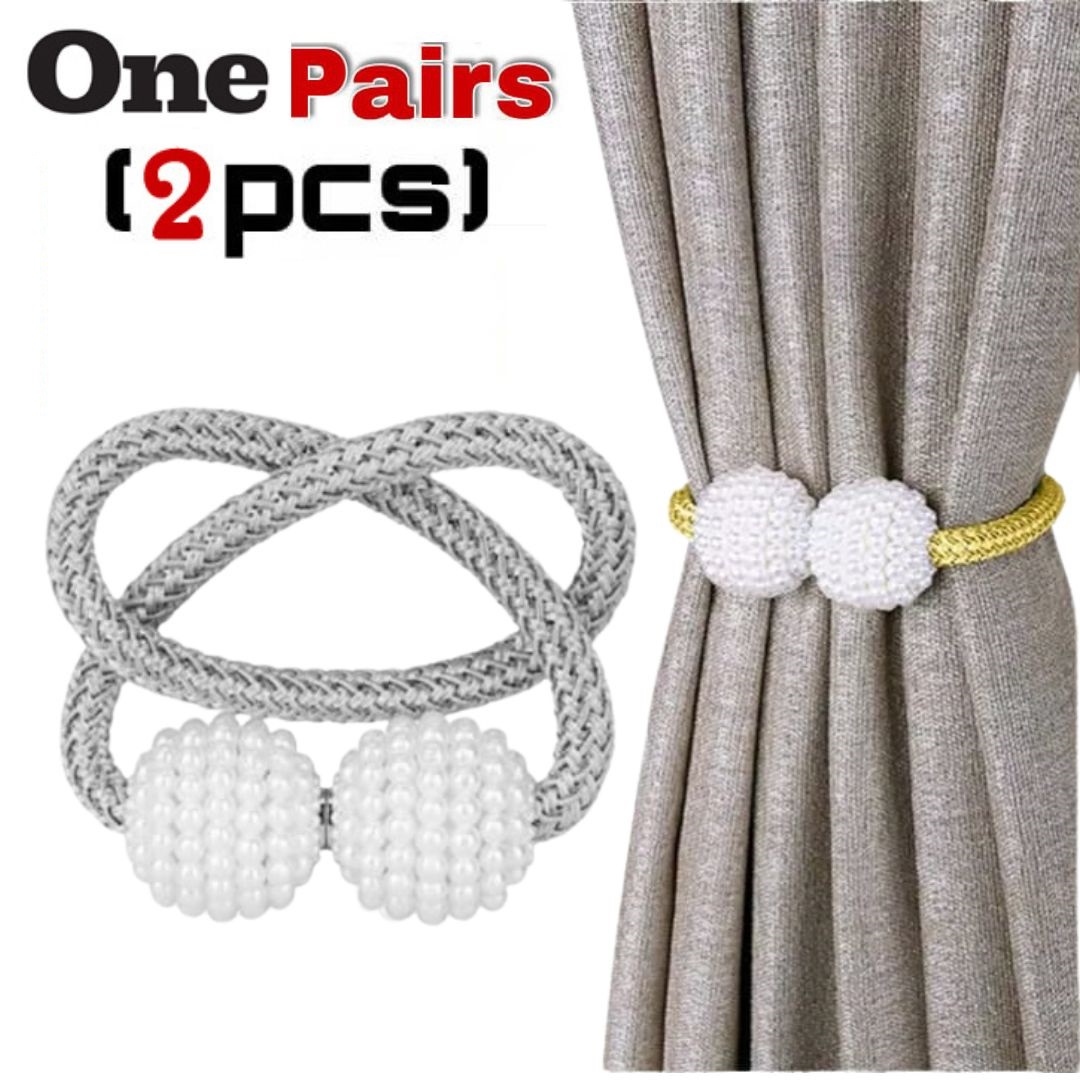 2-Pack Elegant Pearl-Embellished Magnetic Curtain Tiebacks with Braided Strap