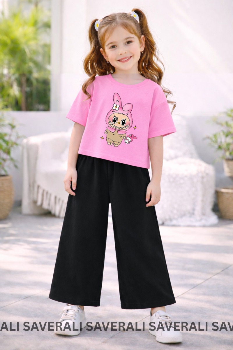 Eid Collection Kids Girls Labubu Printed T-Shirt & Flapper Suit | Soft Cotton | Cute & Comfortable | Ages 3–10 Years
