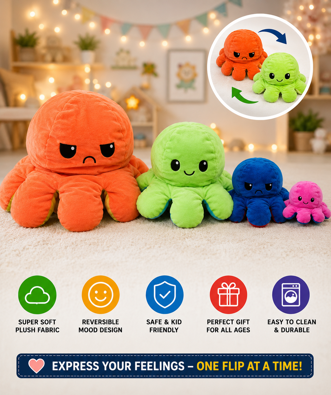 Reversible Octopus Plush Toy | Flip Mood Soft Stuffed Animal | Cute Double-Sided Emotion Plush | Random Color | Small Medium Large Jumbo