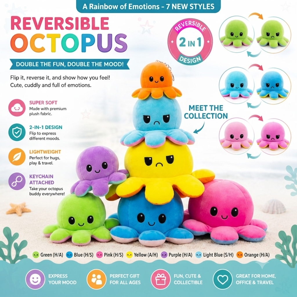 Reversible Octopus Plush Toy | Flip Mood Soft Stuffed Animal | Cute Double-Sided Emotion Plush | Random Color | Small Medium Large Jumbo