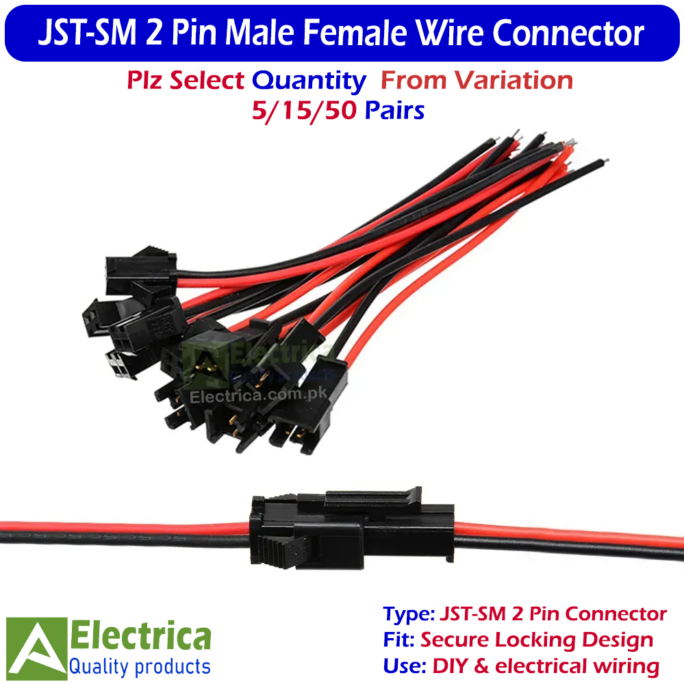 5/15/50 Pairs Mini Micro JST-SM 2 Pin Plug Connector, Micro Electrical Male and Female Wire Cable Connector by Electrica
