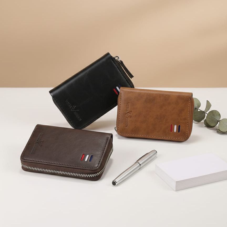 VORPE V Fashion Men's Slim Leather Wallet with ID Card Holder, Coin Pocket & Business Zipper – Small PU Purse for Men