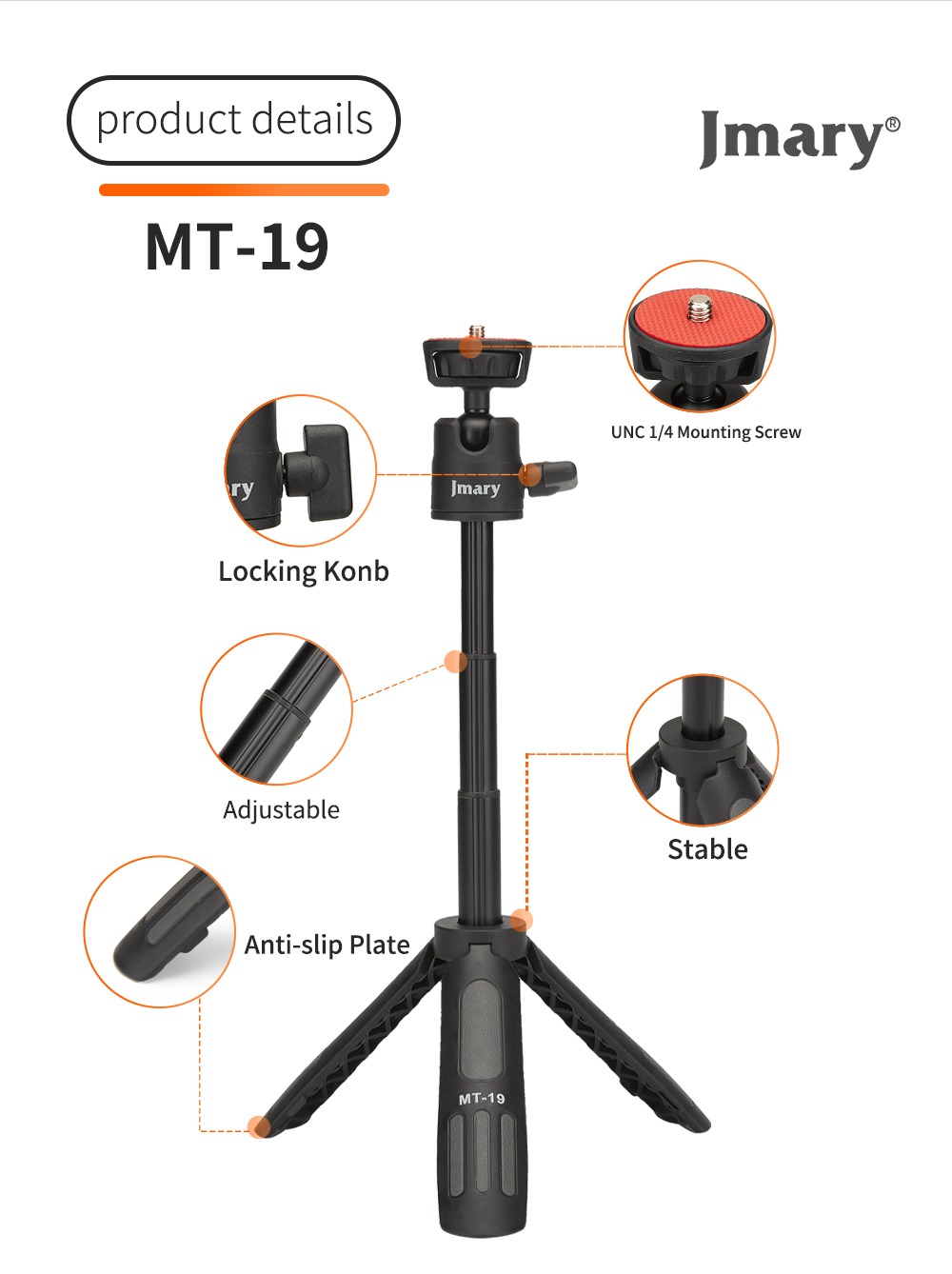 Jmary MT-19 – Table Top Mini Portable Extendable Tripod Stand for Mobile Phones and DSLR & Digital Cameras MT 19
