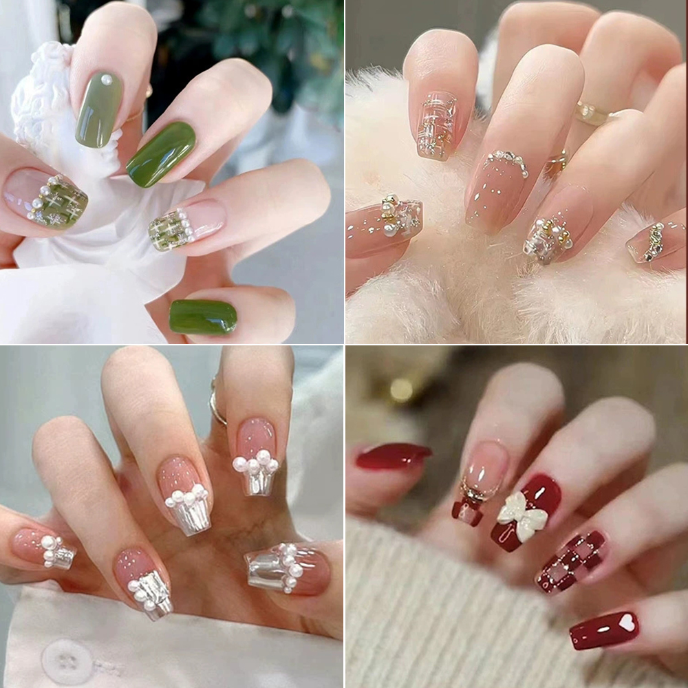 24Pcs French With Drill Pearl Fake Nails Press On Nail Tips Artificial Full Cover Cute Bow Wearing False Nails Fashion Popular Stick on Nails Cute Artificial Nails for Girls