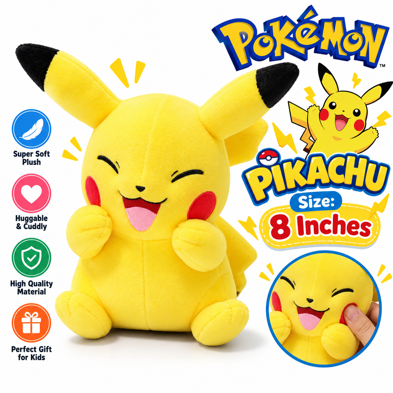 Pokemon Pikachu Plush Toy for Kids | Soft Stuffed Animal Doll | Cute Cuddly Cartoon Plush | Premium Quality Gift