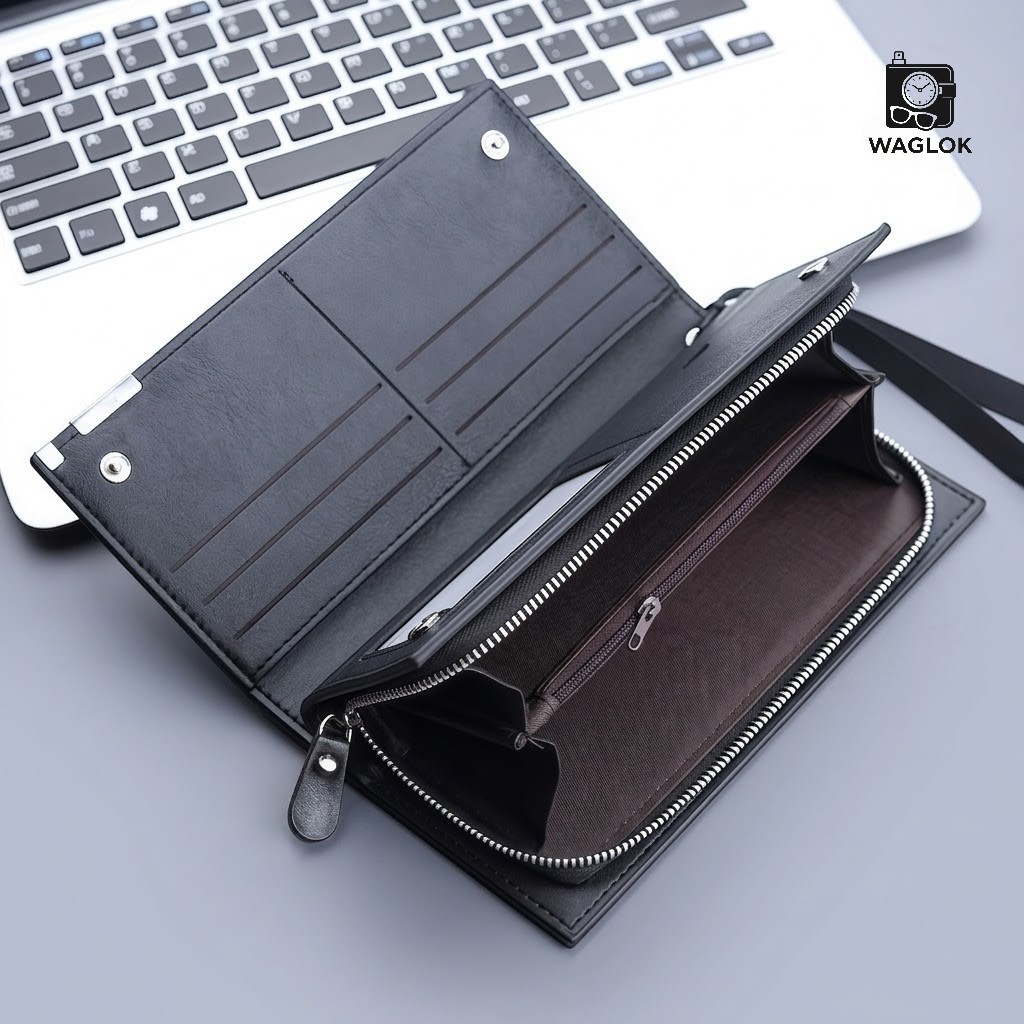 PU Leather Balebaily Long Wallet – Card Slots, Zippered Phone Compartment, ID Window, and Dual Ticket Pockets