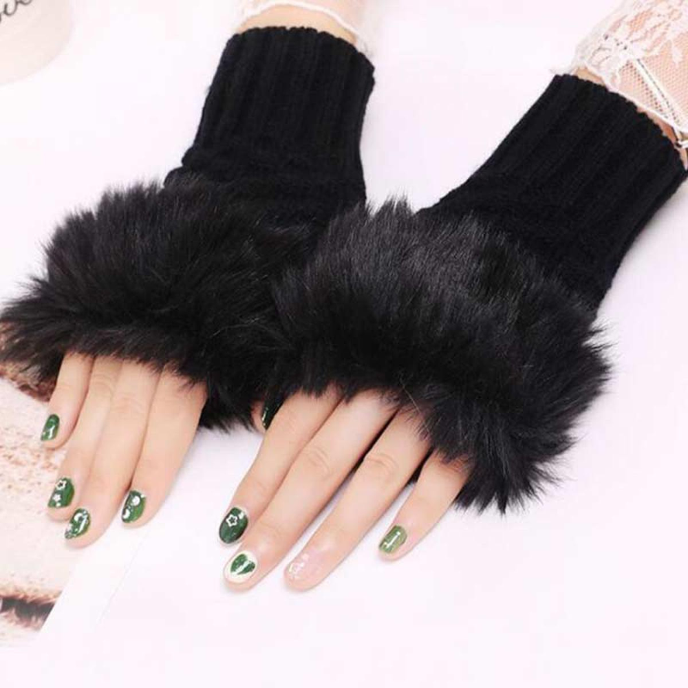 Fashion Women Faux Rabbit Fur Hand Wrist Warmer Winter Fingerless Knitted  wool fur Gloves for Girls
