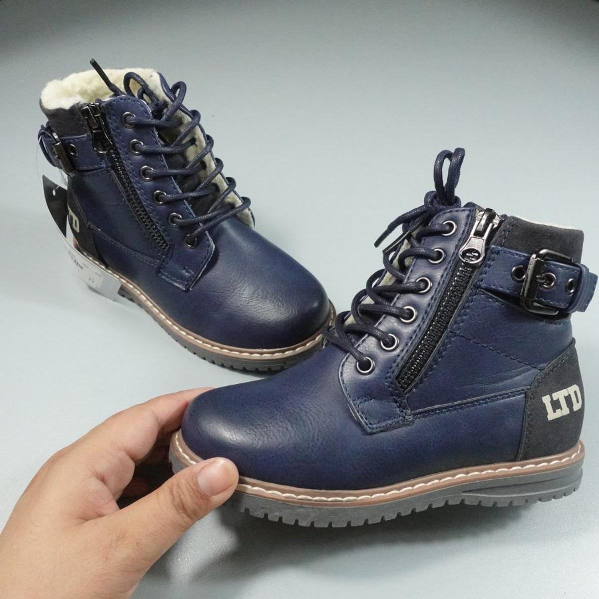Winter Plush Boys Navy Zipper Buckle High Top Lace-up Boots