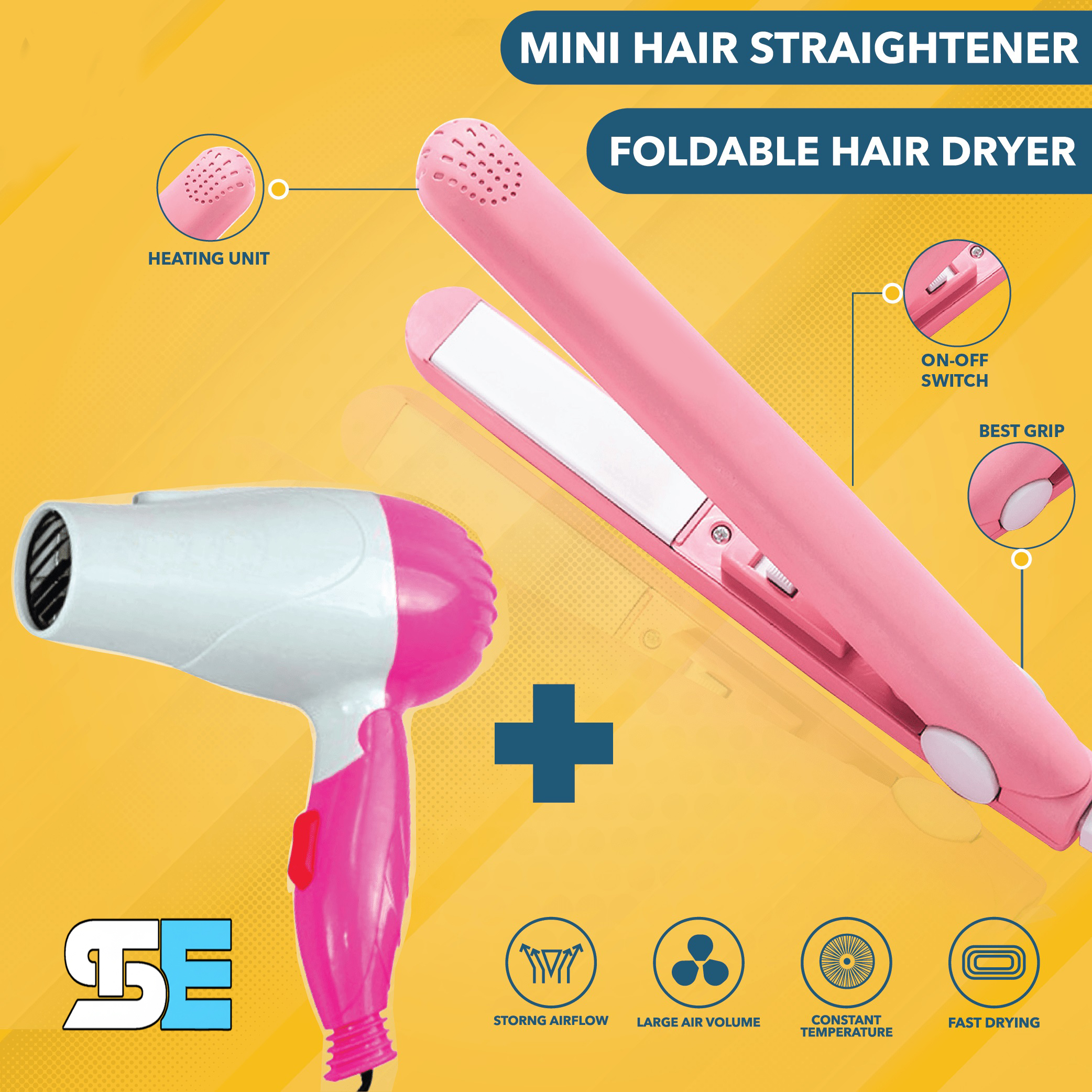 2 in 1 Mini Foldable Hair Dryer & Mini Hair Straightener Combo for Girls | Portable Travel Hair Styling Kit | Compact Folding Blow Dryer + Mini Flat Iron | Salon Style Hair Care Set for Women
