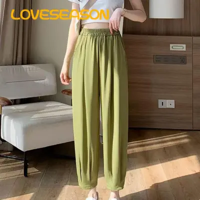 Ice Silk Loose Casual Pants, Women Plus Size Wide Leg Pants Yoga Pants,  Solid Slim Fit High Waist Pants (Green,XL)