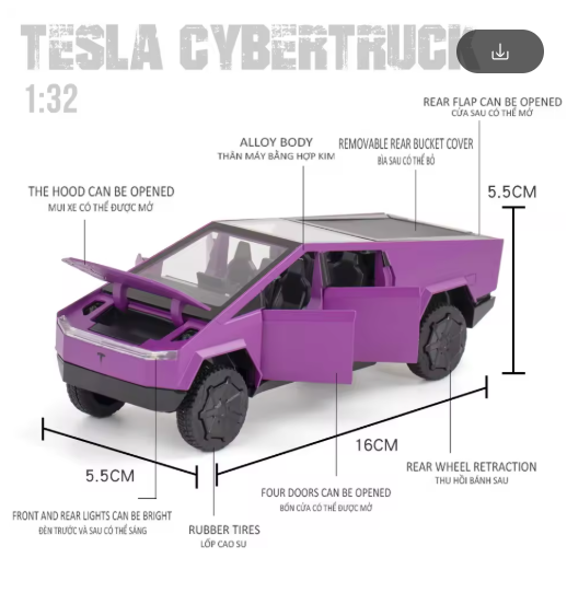 1:32 Tesla Cybertruck Alloy Diecast Model Car – Electric Pickup Toy Vehicle with Pull Back, Lights & Openable Doors view 7