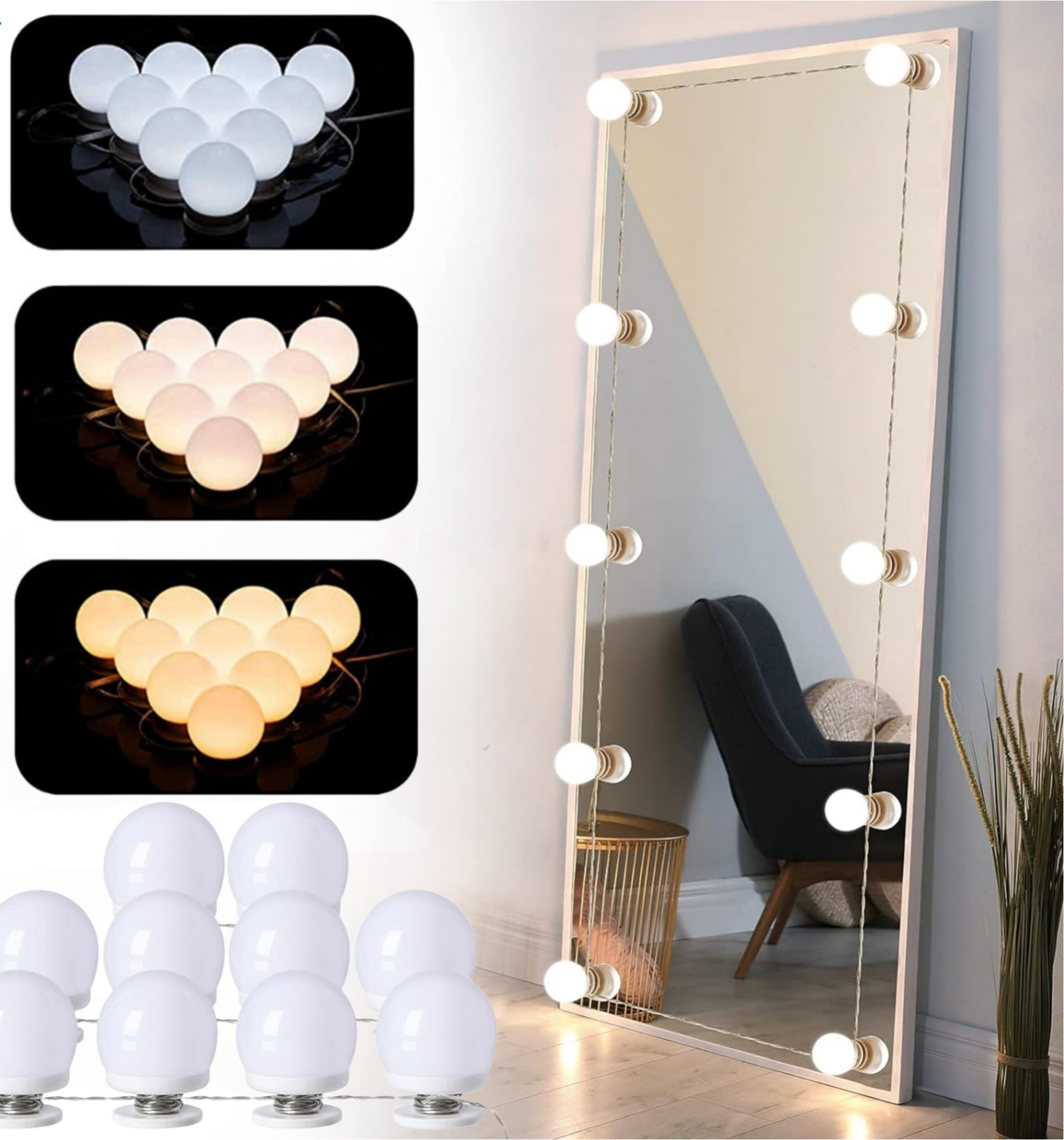 Vanity Light LED Bulbs for Makeup Mirror Stand | 10 Bulbs with 3 Light Modes