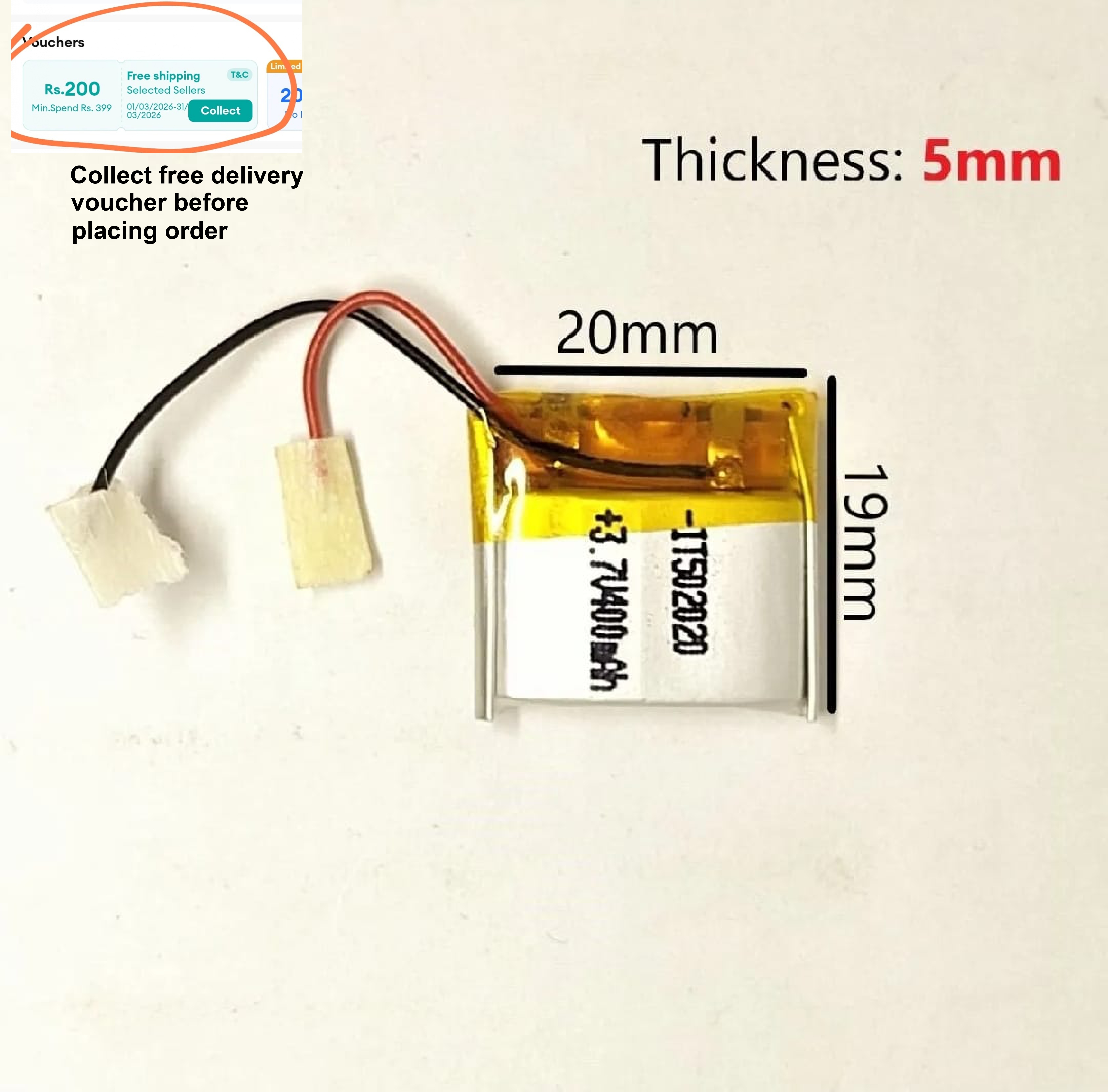 400mah 502020 Smart Watch Battery- Fits in most of the Watches - Li Po Battery