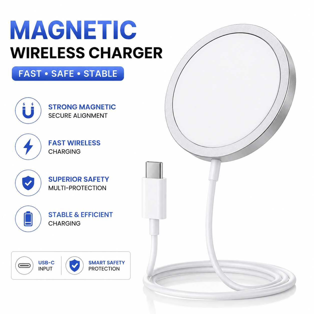 Magnetic Wireless Fast Charger USB-C | Strong Magnetic Alignment | Fast Charging Pad | Overheat Protection | Universal Magnetic Charging Cable