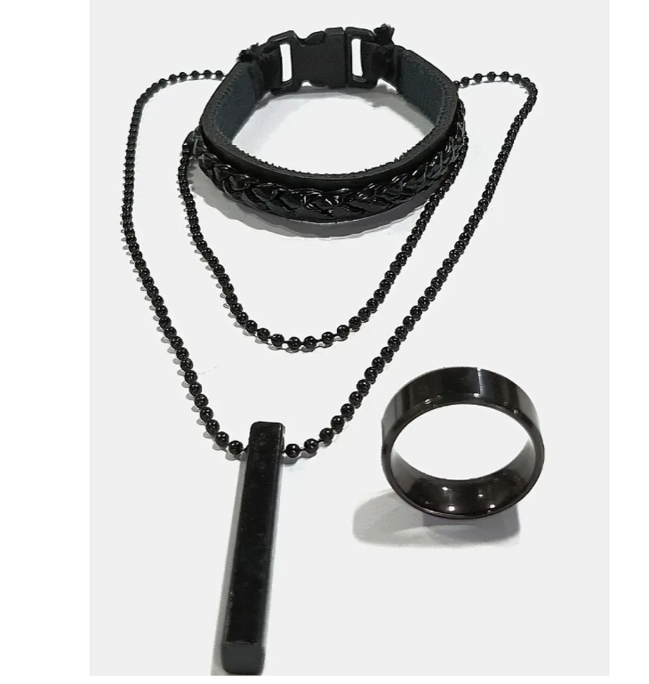 Triple Premium Combo Deal | 3 Pieces 3D Bar Stainless steel Necklace With Stainless Steel Titanium Ring And Black Comfortable Braid Bracelets For Men And Boys | Special Lockets set Gift For Men