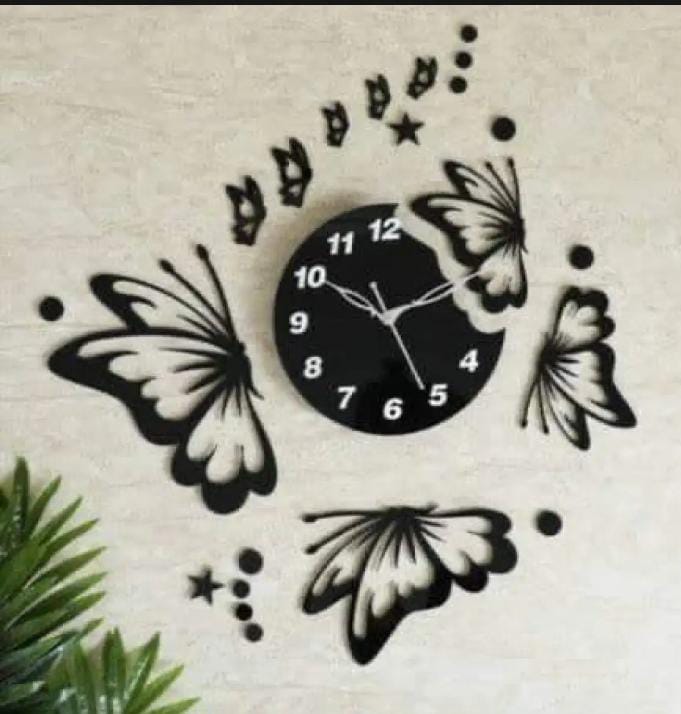 3D butterfly wall clock Style Wooden Wall Clock with Stars & Butterflies, Laser Cut Wooden Wall Clock Stylish Design with Stars & Butterflies