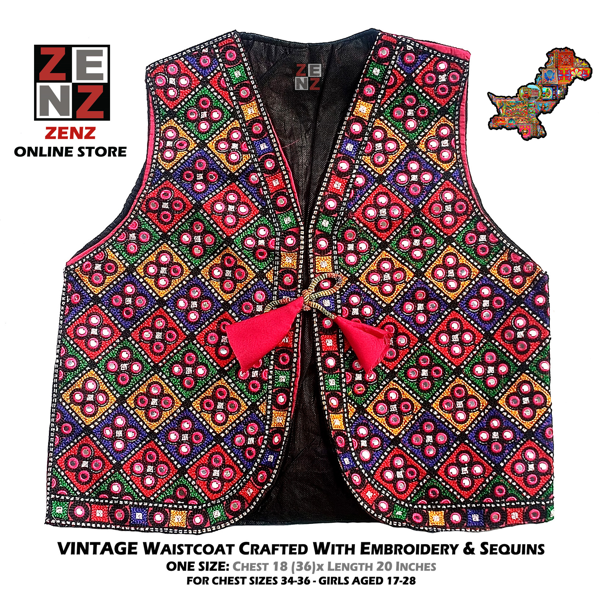 Pakistani Sindhi Balochi Kashmiri Traditional & Cultural Wear Waistcoat Koti Embroidered Zenz Multicoloured Embroidery for Girls & Women