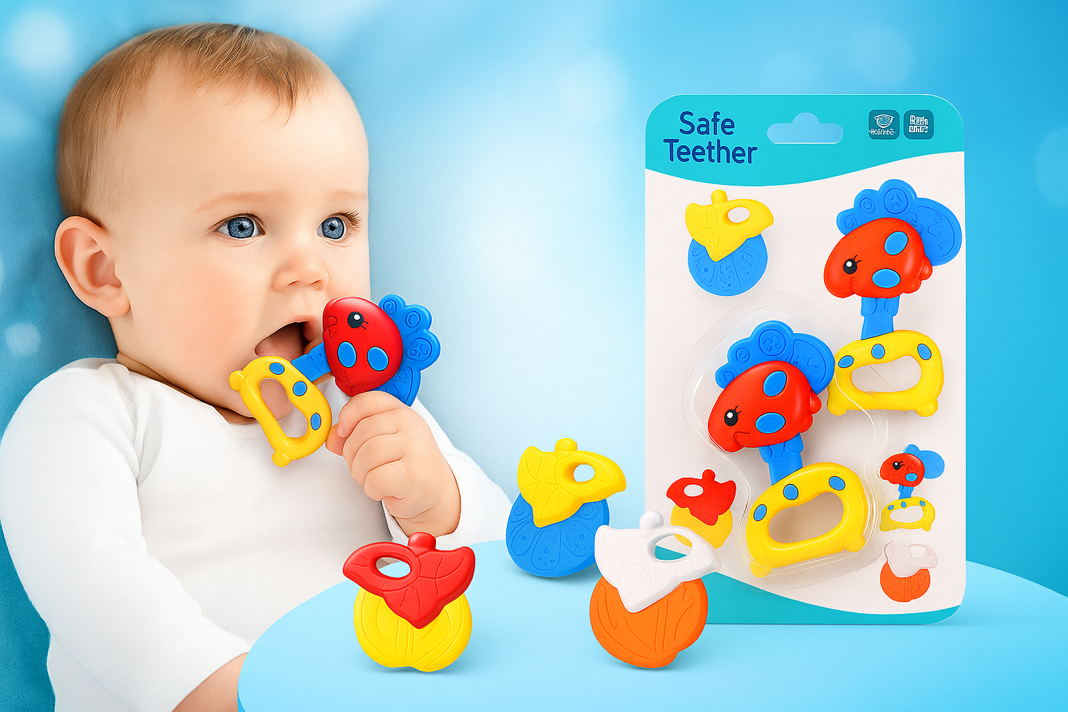 BPA Free Soft Silicone Baby Teether Toy 4 Pcs Set - Infant Kids Rattle Toys for Unisex Newborn and Toddler Hand Holding babies Colorfull Rattles