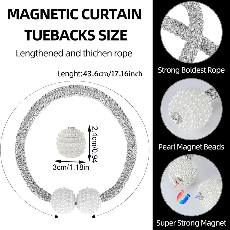 2 PCS Magnetic Pearl Curtain Buckle Magnetic Curtain Tiebacks Convenient Drape Tie European Style Decorative Weave Rope Curtain Rings & Buckles Holder for Window Sheer Blackout Draperies, Braided Straps Ball Buckles,  Parday