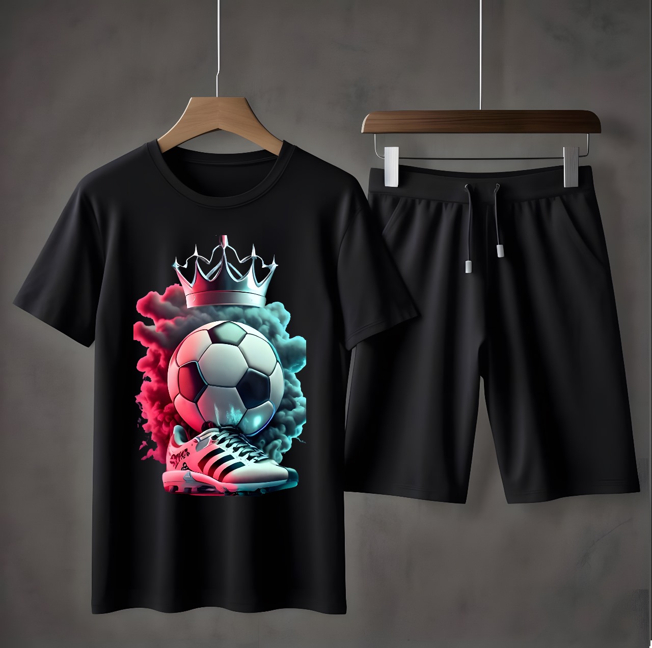 Tracksuit  Cotton Fabric T-Shirt & Short Set for Summer Elegant Crown Football Printed Suits Gym Track Suit T shirts Pajama Casual Wear for Men/Girls/Women