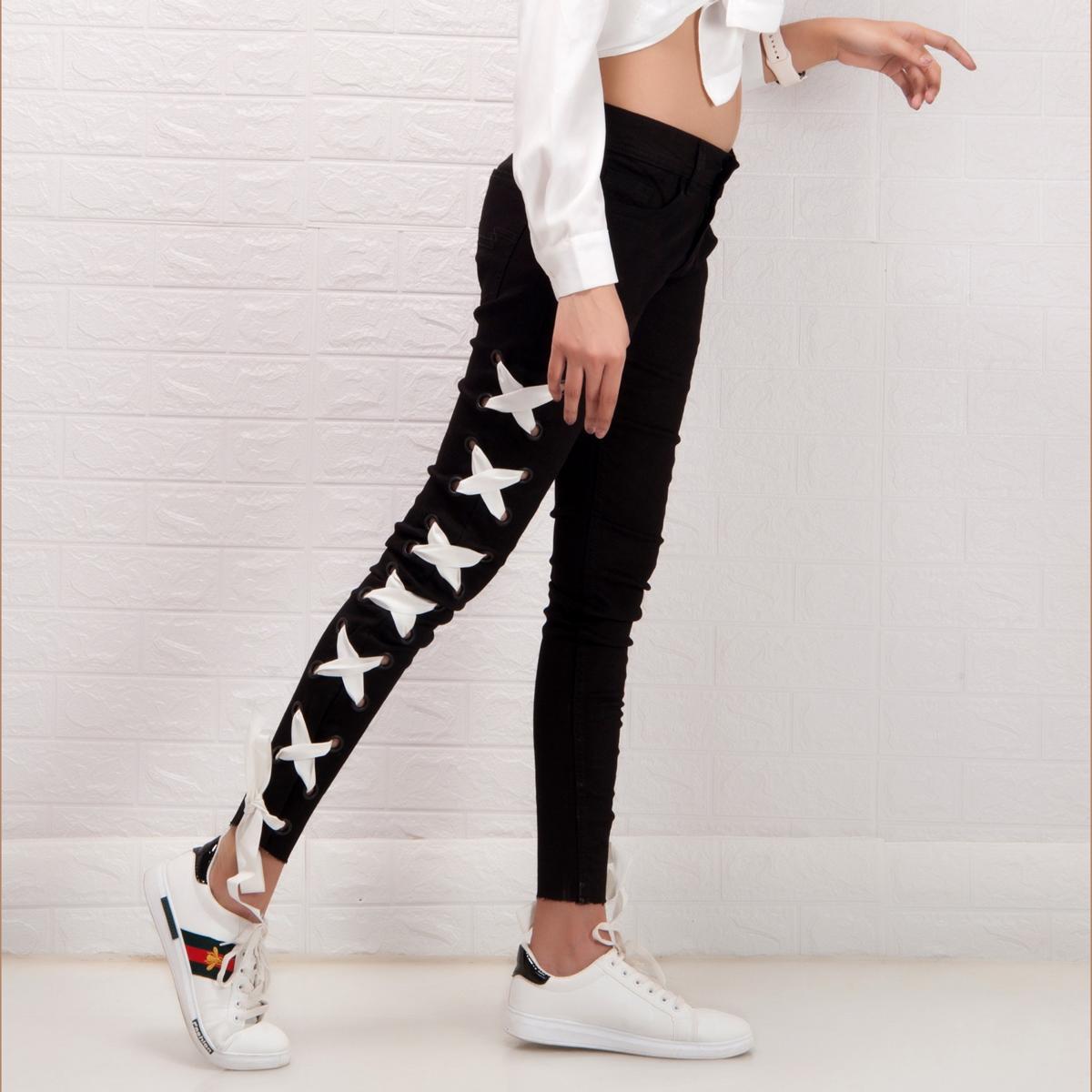 Ramblers Black lace-up denim jeans with side eyelets for women WJ-01