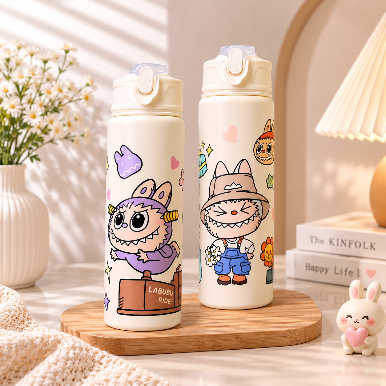 Labubu Water Bottle 800ML Cute Cartoon with Straw for Kids, Girls & Boys Korean Aesthetic Waterbottle for School College Stylish Leakproof Portable, Plastic Multicolor Designs, BPA-Free Water Bottles for Home, Travel Daily Use Cute Bottle for Girls Kids B