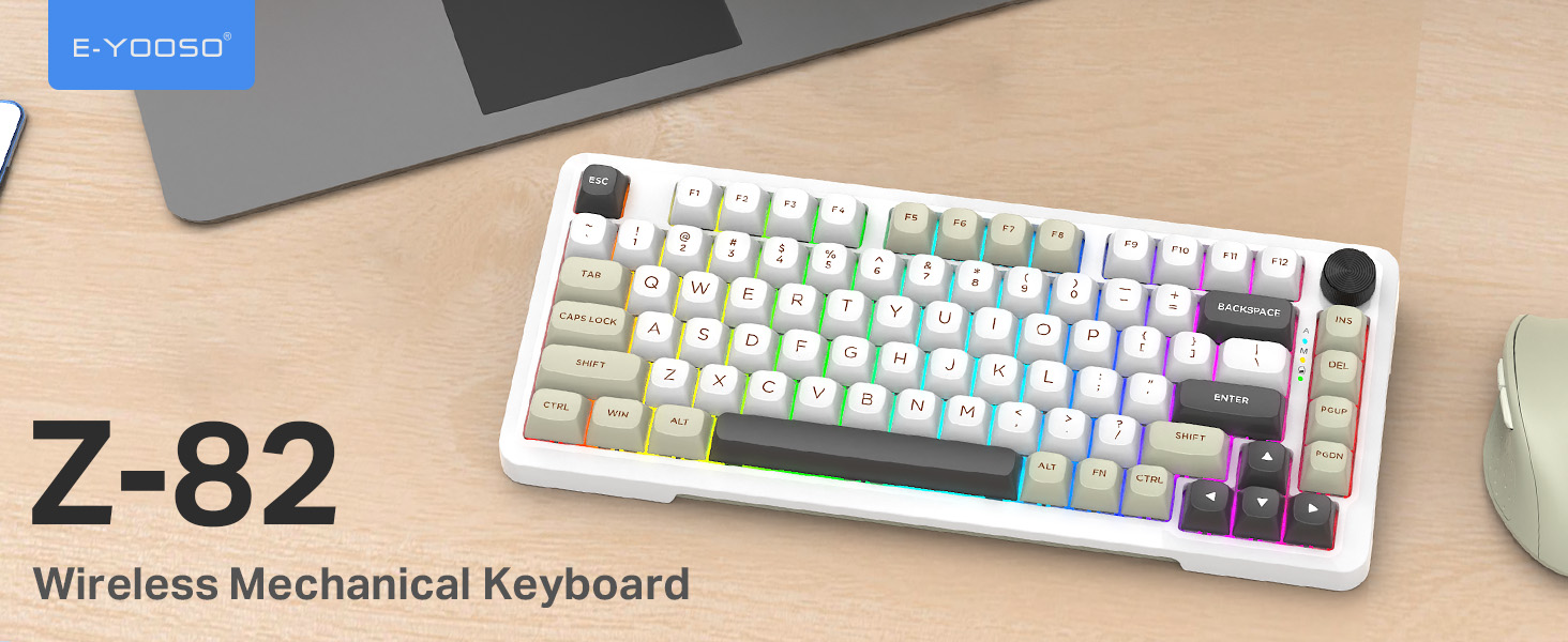E-YOOSO Z-82 Tri-Mode Wireless 75% Gaming RGB Mechanical Keyboard Hot Swappable with Five-Layer Padding & Knob, Bluetooth/2.4GHz/USB-C, White Grey 16 d98848b59182643eff7f49876c1d24d6