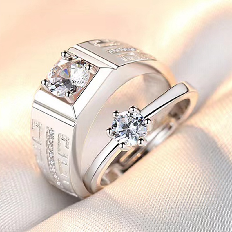 Pair of Adjustable Engagement Couple Rings set With Box for Girls and Boys Silver Diamond Cuple Rings Pair resizable
