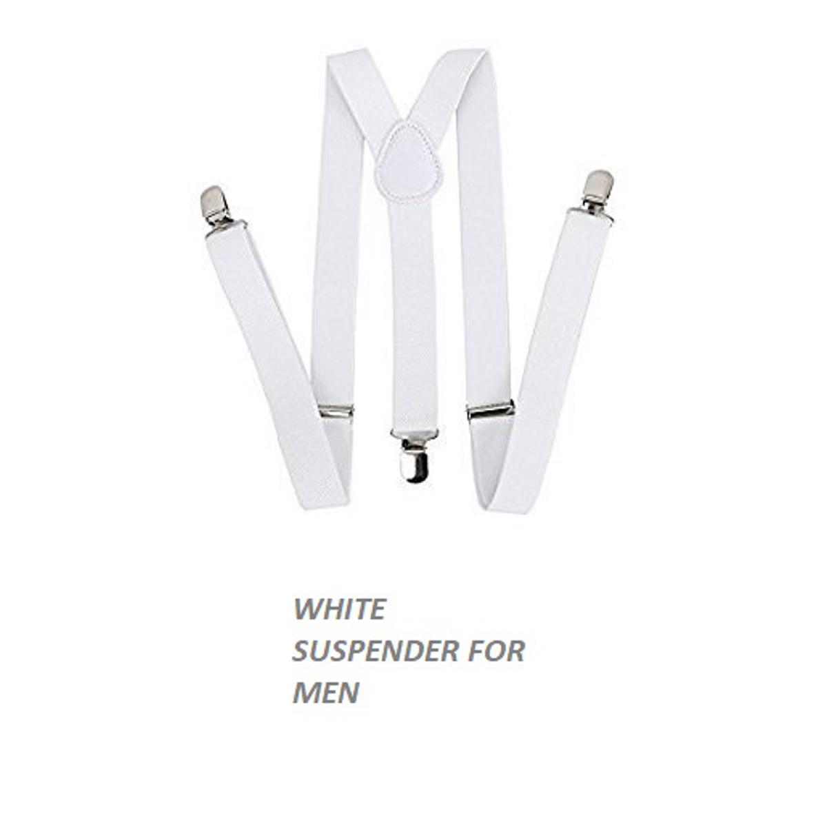 Premium White Elastic Suspenders for Men & Women - Adjustable Y-Back Heavy Duty Gallace / Trouser Straps with Strong Metal Clips for Formal Suits, Weddings & Parties