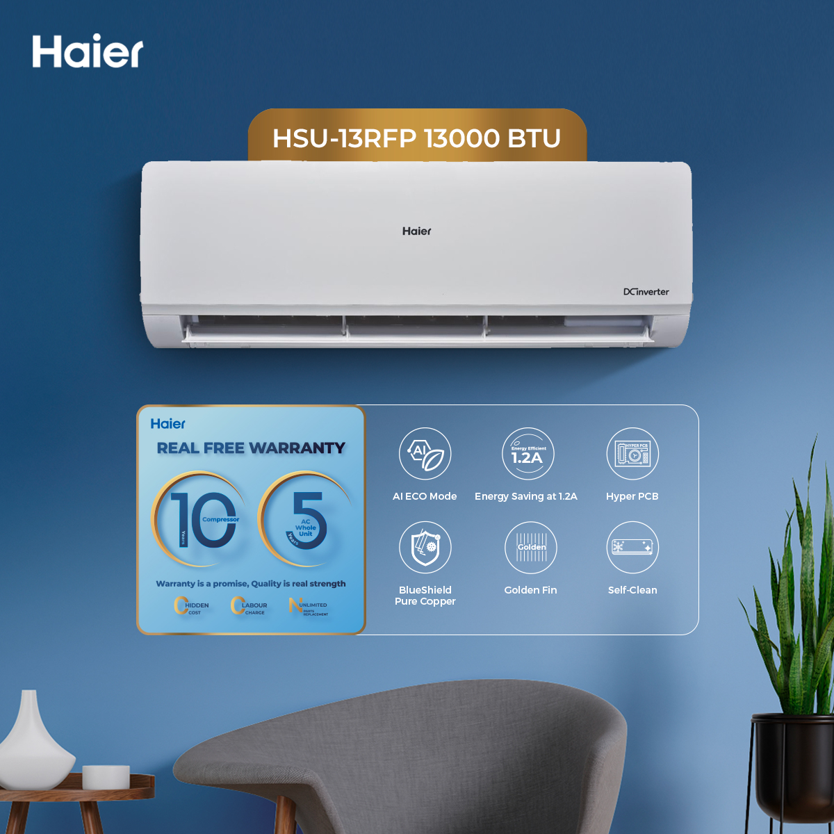 Haier 1 Ton / RF Series / HSU-13RFP (Smart DC Inverter + Self Cleaning + UPS + Turbo Heat & Cool) Air Conditioner / AC / 10 Year Warranty / Haier Free Installation