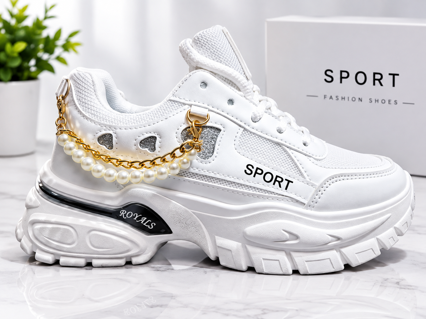Girls Sneakers | Women Casual Shoes | Ladies Chunky Platform Shoes | Stylish White Fashion Shoes | Pearl Chain