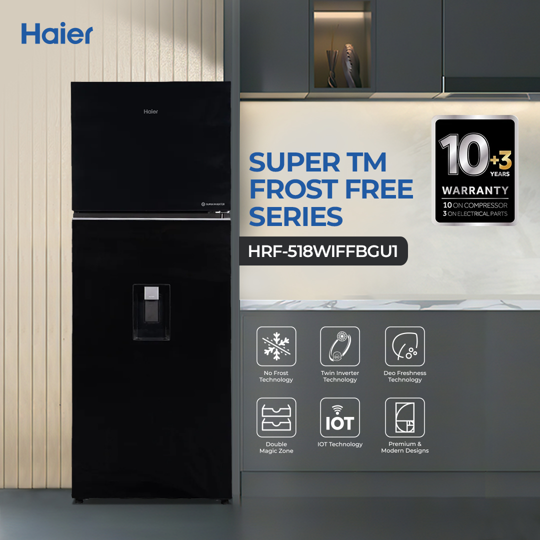 Haier 18 Cu Ft - Digital Inverter - HRF-518WIFFBGU1 ( No Frost + Double Magic Zone + IOT + Glass Door) Black Colour Refrigerator / 10 Years Warranty