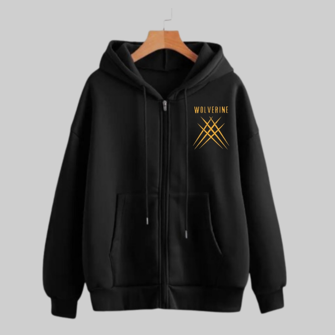 REVIBE - Black Zipper WOLVERINE Printed Hoodies For Men