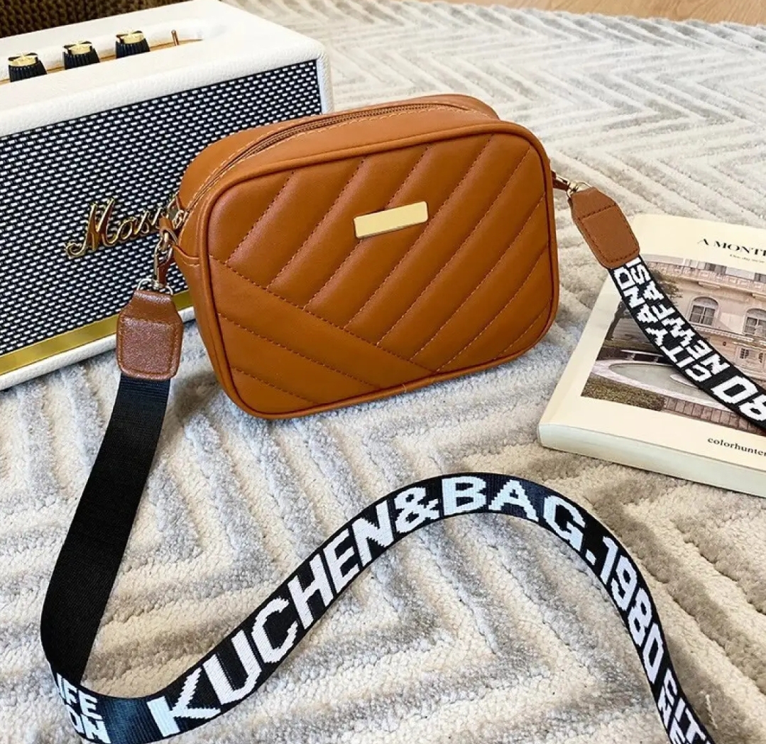 Quilted Crossbody Bag for Women with Logo Strap - Elegant Solid Pattern Shoulder Sling Purse