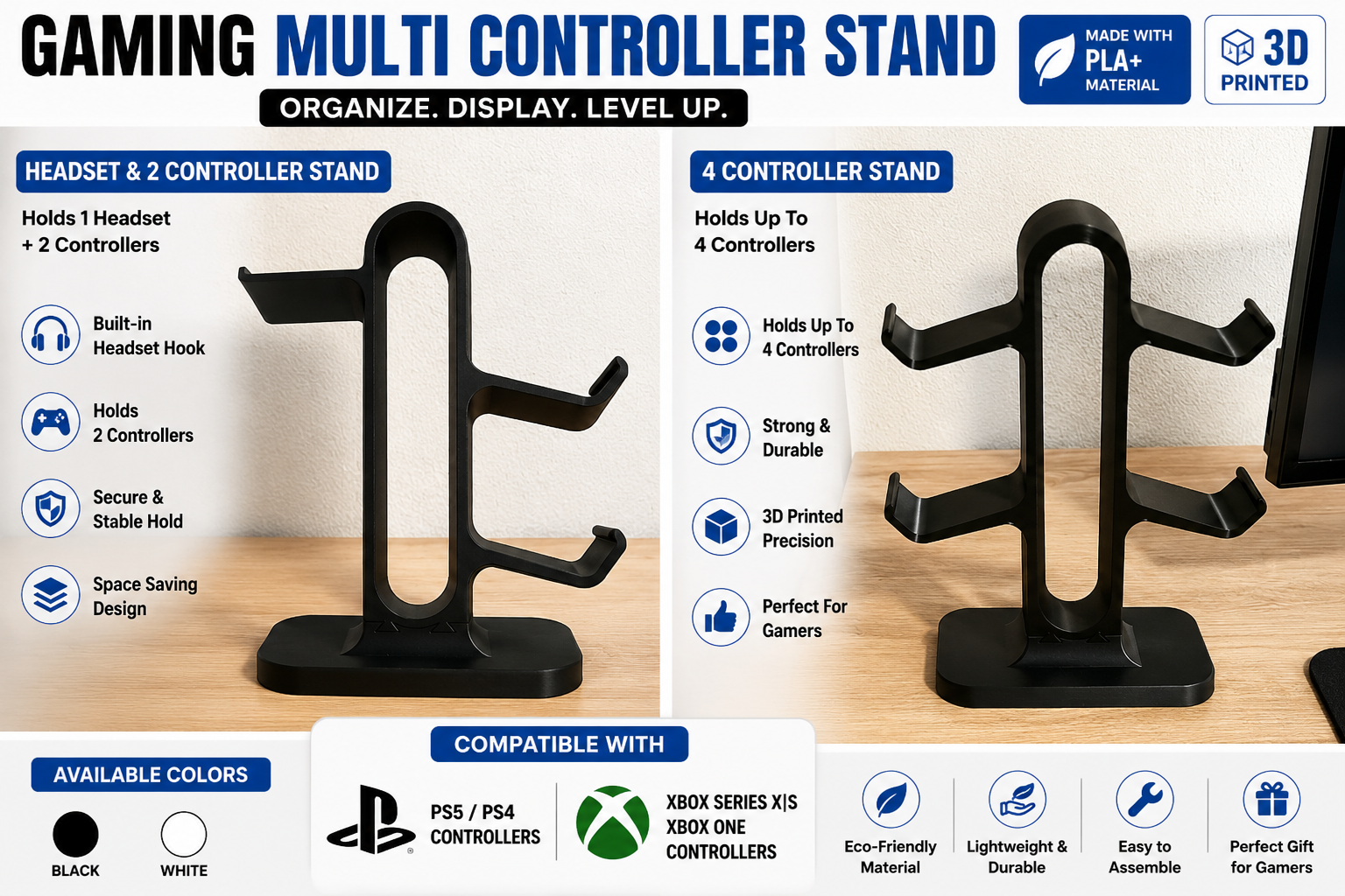 PS/Xbox Controller and Headphone Stand – Dual Gaming Accessory Holder for PlayStation and Xbox Controllers and Headphones, Perfect for Organized Gaming Setups